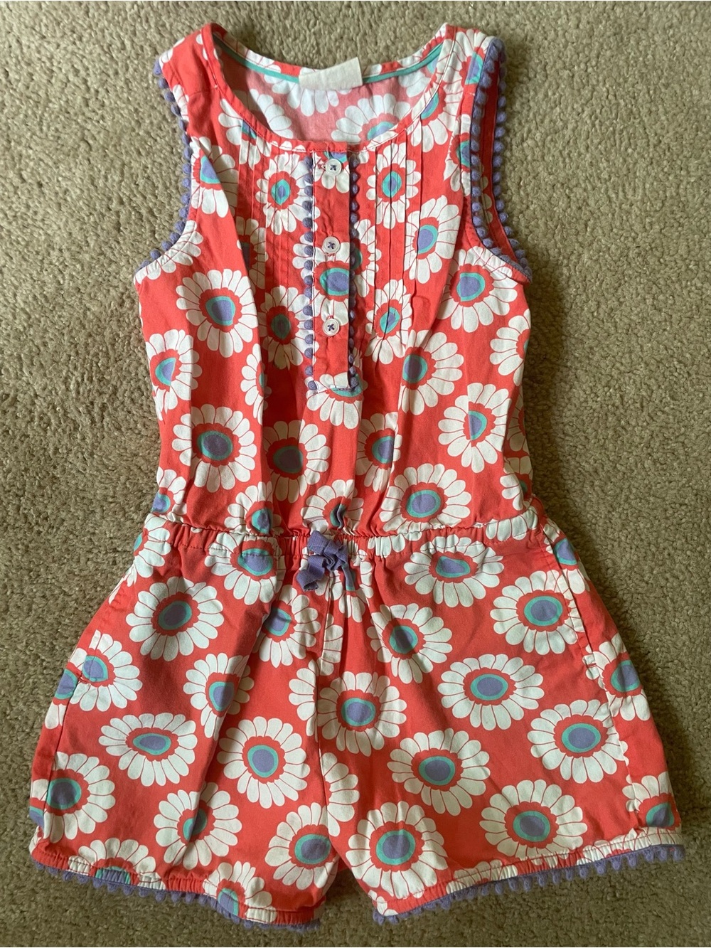 Mini Boden Coral Daisy Print Girls Romper with Purple Trim